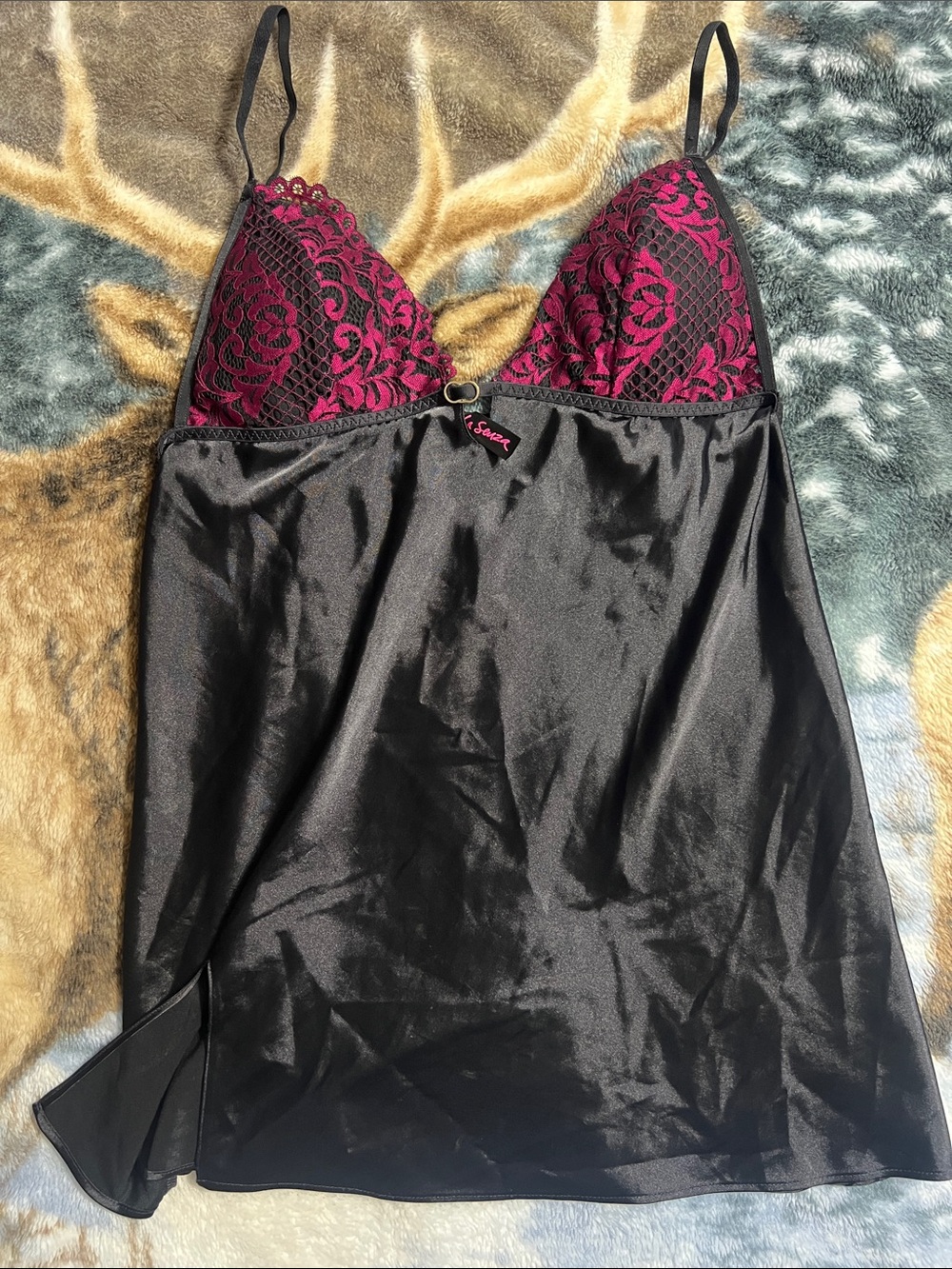 La SENZA Black Satin Chemise with Magenta Lace Cups